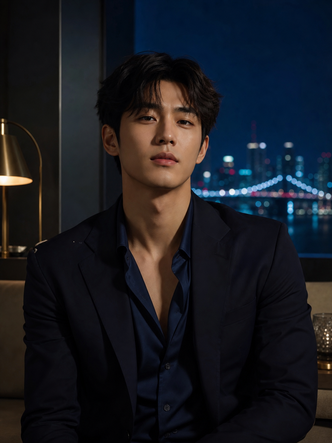 남색 수트와 실크 셔츠를 입은 성인 남성 프로필