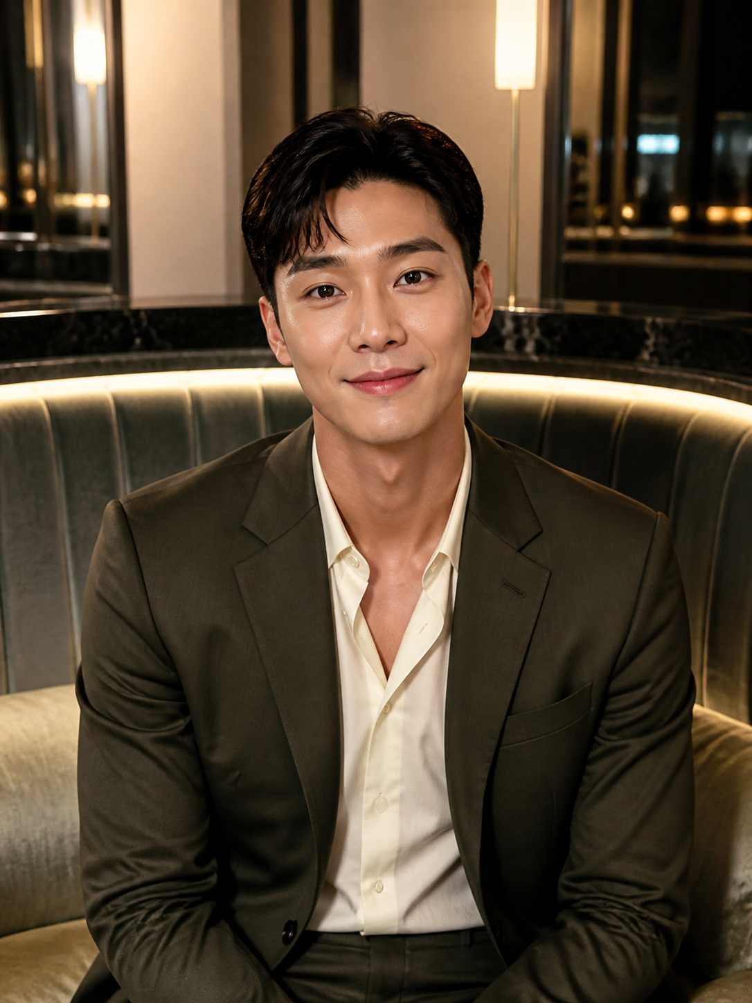 올리브 수트와 크림 셔츠를 입은 성인 남성 프로필
