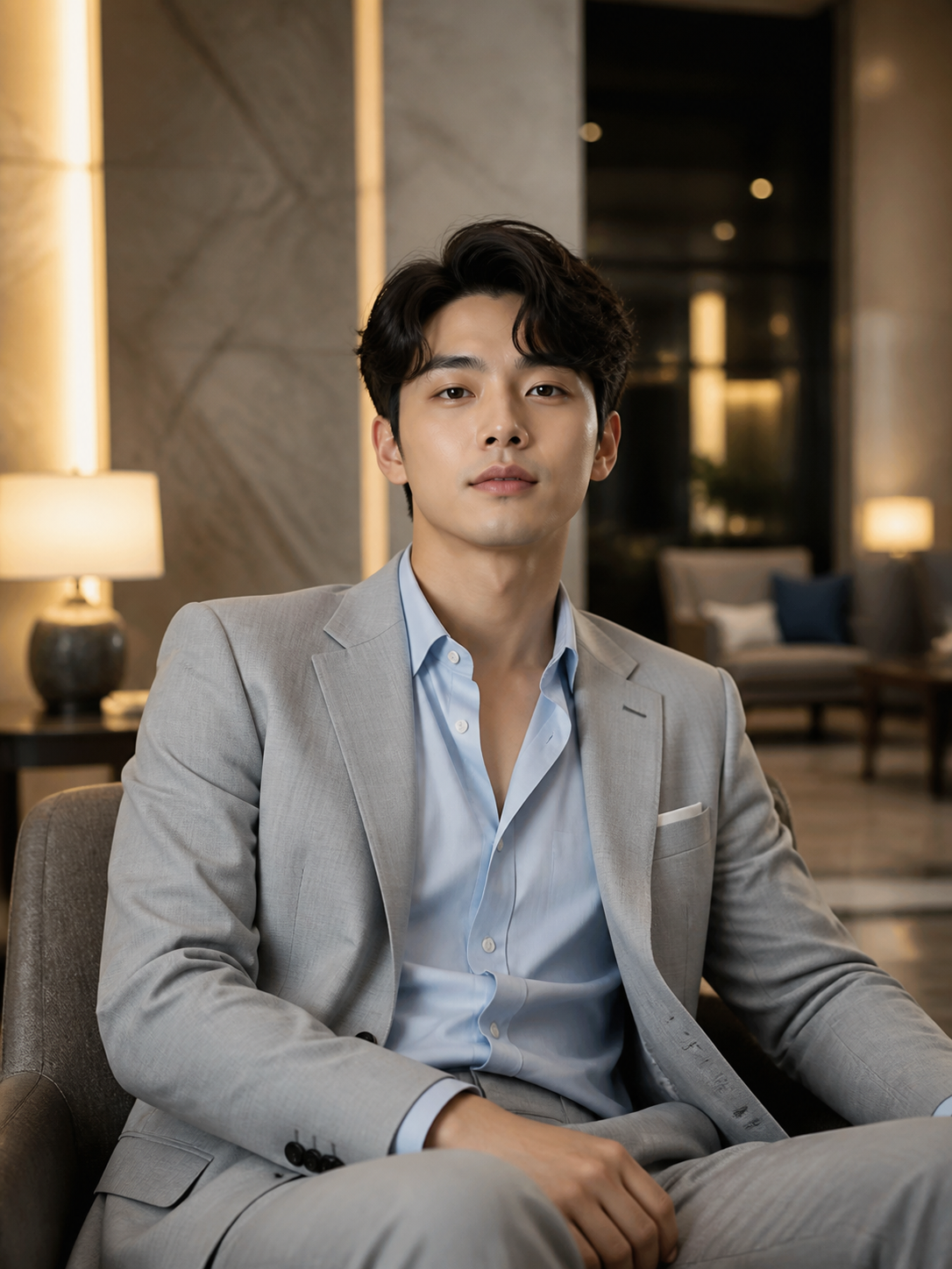 회색 수트와 하늘색 셔츠를 입은 성인 남성 프로필
