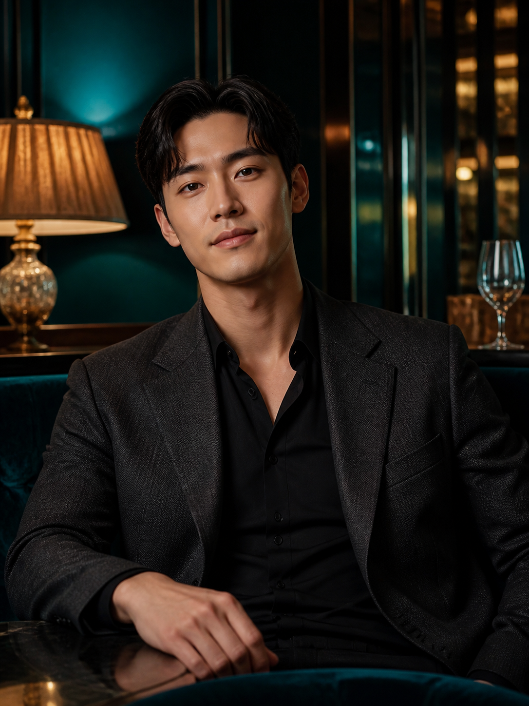 차콜 재킷과 검은 셔츠를 입은 성인 남성 프로필