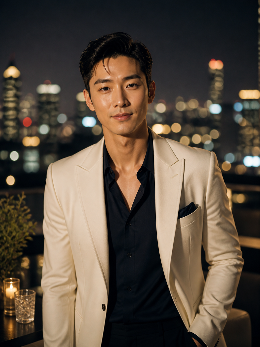 크림 재킷과 남색 셔츠를 입은 성인 남성 프로필